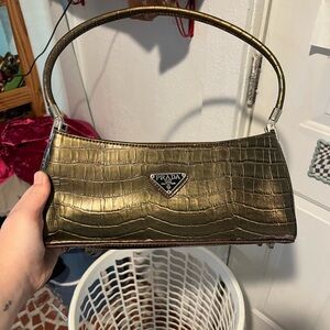 Prada Metallic Gold Crocodile-Embossed Shoulder Bag